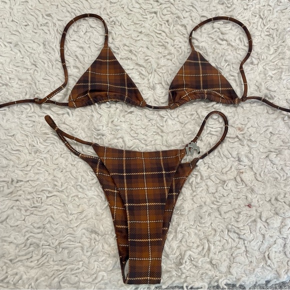 MIAOU Itty Bitty Bikini Set (Chocolate Plaid) NWOT (Panty liner attached) - Picture 8 of 10